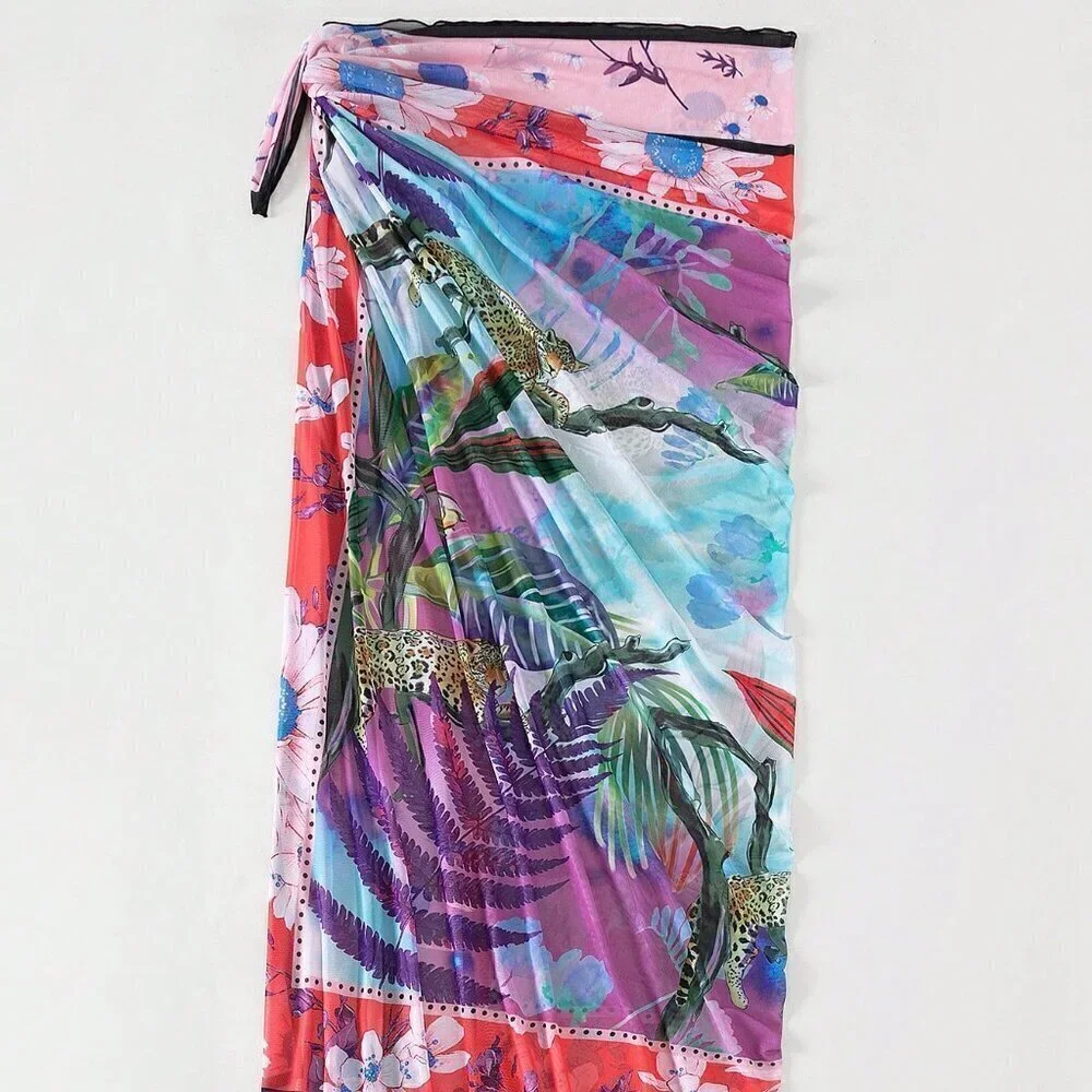 Multicolor Women's Tropical Print Knot Side Cover Up Skirt - Picture 4 of 6